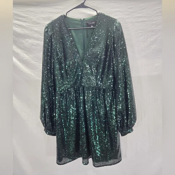 Saloni Camille Women's Size 12 Green Long Sleeve Sequin Dress